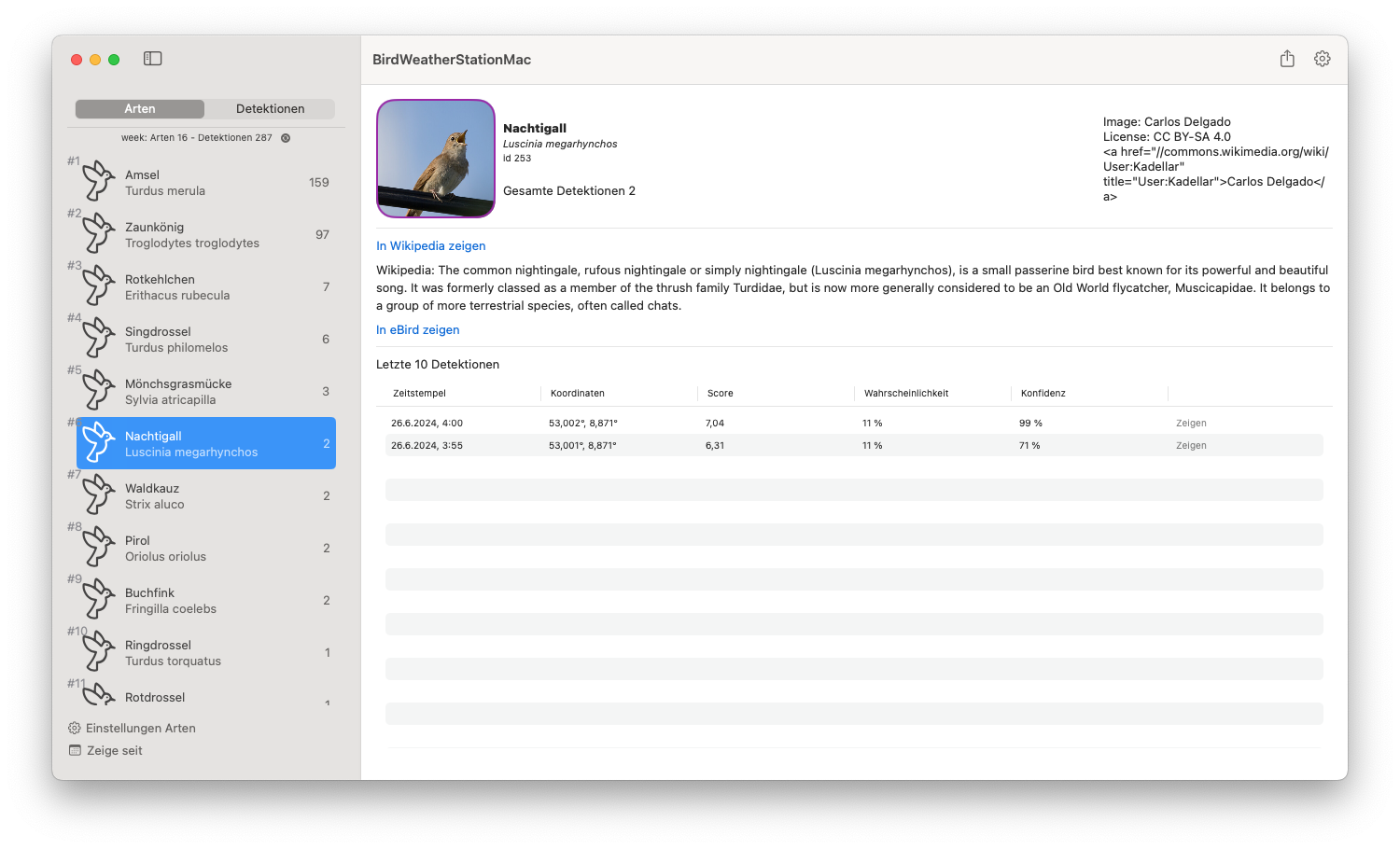 UI von BirdWeatherStationMac