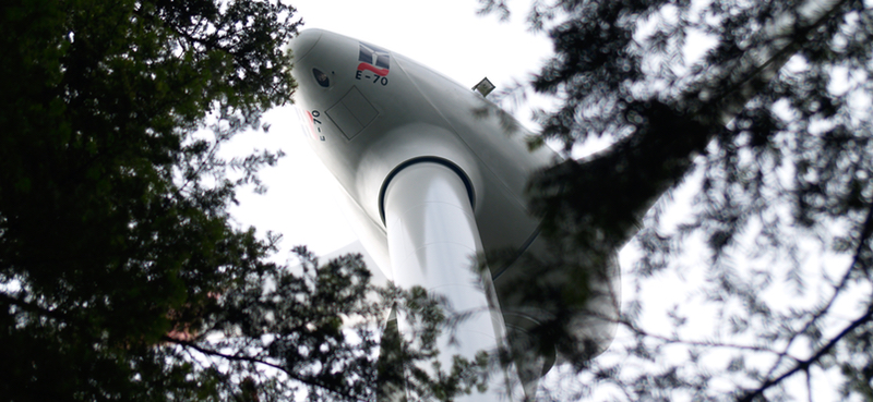 Foto einer WEA im Wald